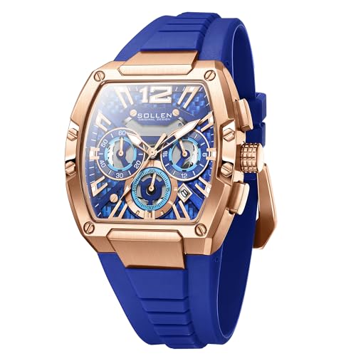 SOLLEN Blue Men's Tonneau Watches, Casual & Stylish Chronograph Analog Quartz Watch with Calendar, Luminous Hands & Silicone Strap, 30M Waterproof Luxury Wrist Watches for Sport & Daily Use - 40×50mm