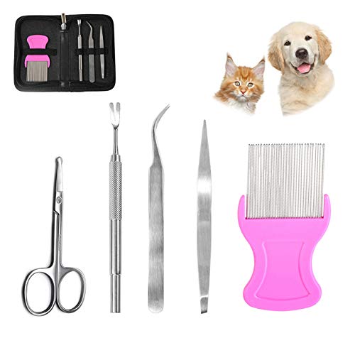 LLGL 5 en 1 Zeckenentferner Set Zeckenzange Zeckenpinzette Flohkamm Fellschere de acero inoxidable para perro, gato, mascotas con Etui