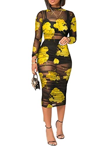 Image of Rodawu Women's Sexy See-Through 3-Piece Set Midi Dress Outfits | Printed,Long Sleeve,Sheer Mesh,Crop Tank Top,Bodycon Skirt,Ruched Cover,Soft,Lightweight,Breathable,Skin Friendly Fabric