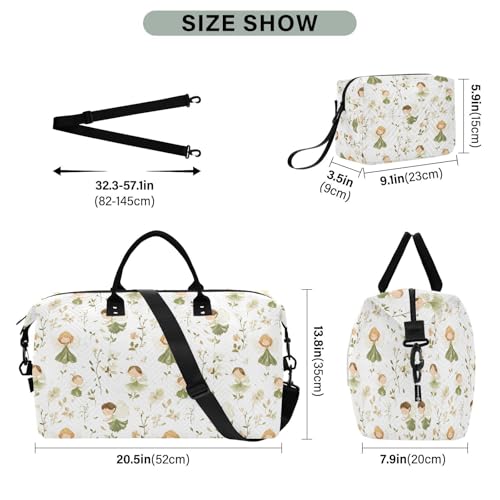 Travel Gym Bag, Fairy Flowers Green Weekender Overnight Duffle for Women with Toiletry Bag Travel Swim3