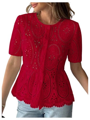 SHENHE Women's Button Up Peplum Blouse Hollow Out Eyelet Embroidered Ruffle Dressy Casual Top Red Small