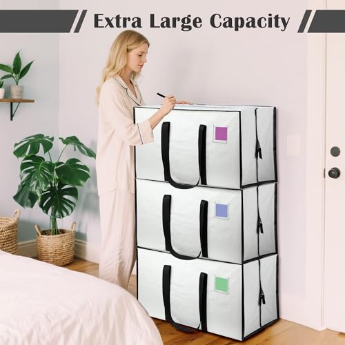 Image of 6 Pack Moving Bags Heavy Duty 210GSM with Full-Open Side Zipper, 93L 65lbs Waterproof Foldable Storage Totes for College Dorm Move-In, Moving Boxes Alternative & Home Organization,White