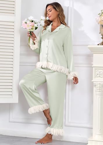 Image of Brosloth Womens Silk Pajamas Set Long Sleeve Satin Button Up Sleepwear | Cute Soft Fall Pjs Sets, Lace 2 Piece Lounge Set, Elegant Bridesmaid Pajama, Skin Friendly Sleepwear for Wedding, Honeymoon