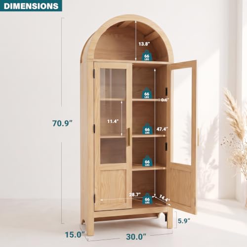 Image of Arched Storage Cabinet with 2 Doors and 5-Tier Shelves for Living Room, 71 inch Tall Wooden Pantry Cabinet for Dining Room and Kitchen, Floor Bathroom Organizer, Natural Wood Color