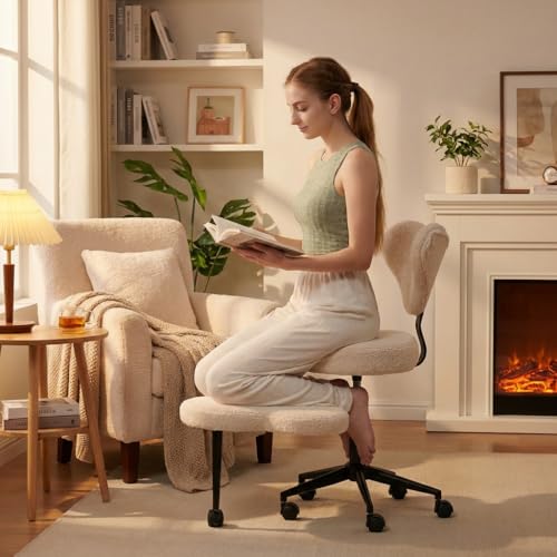 Image of Pinmoco Cross Legged Office Chair with Wheels, Teddy Fabric Criss Cross Chair for ADHD, 360 Swivel Adjustable Height Meditation Desk Chair with Lumbar Support for Home Office, Off White