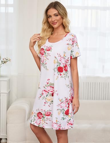 Image of ENJOYNIGHT Womens Cotton Nightgown Short Sleeve Sleepshirt Print Nightshirt | Short-Sleeve Crew Neck, Soft Cotton Fabric, Cartoon Printed Sleep Shirt, Loose Fit