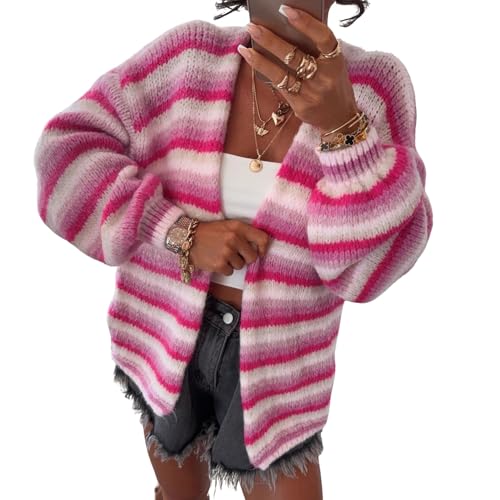 CHARTOU Women Contrast Color Striped Cardigan Sweater Fall Oversized Slouchy Open Front Knit Sweater Jacket