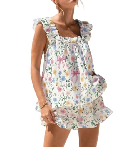 Image of ROAONOCOMO Women Floral Pajama Set Ruffle Babydoll Cami Top Coquette Pj Set Gingham 2 Piece Shorts Outfit Bridal Loungewear