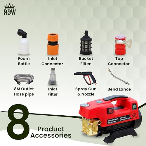 Image of RBW High Pressure Washer with Brass Coated Pump | 120-150 Bar Spray Gun with 26 Feet Hose Pipe | 7 L /M Water Flow for Home,Car,Wash Cleaning Purpose (P-350,Red)