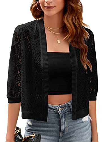 Image of FindThy Women's Casual Summer Lace Cardigan Open Front 3 /4 Sleeve Solid Lace Shrug Cover Up
