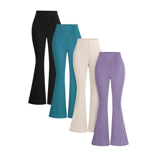 4 Pack Girls Leggings Kids Fall Ribbed Knit Bell Bottoms Leggings Comfort Stretch Flare Pants Dance Activewear Tights
