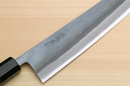 Image of Yoshihiro Kurouchi Black-Forged High Carbon Blue Steel Stainless Clad Kiritsuke Japanese Multipurpose Knife Ebony Handle (9.5 inch (240mm) & Saya)