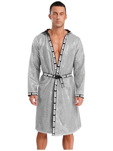 Yruioon Abrigo de boxeador para hombre, kickboxer, bata de kickboxer, con lentejuelas, abrigo de boxeo con cinturón, capucha, manga larga, abrigo de boxeo, chaqueta deportiva, plata, XL