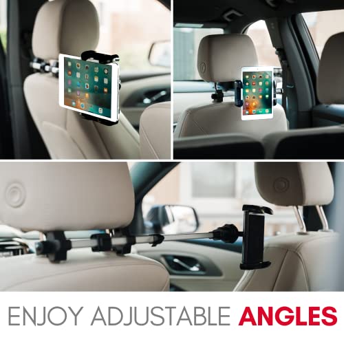 Macally Tablet Holder for Car Headrest - Adjustable iPad Headrest Mount for Car - Super Secure Car iPad Holder Backseat Kids - Fits All 4.7-12.9" Back Seat Devices (iPad Pro/Air/Mini, Nintendo Switch)