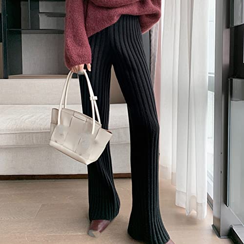 Pantalon large en tricot épais noir rayé à taille haute élastique pour femme