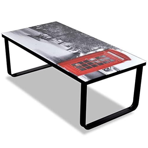 Mhdvray Table Basse Rectangulaire avec Impression Cabine Téléphonique de Londres, Dessus en Verre Trempé 5mm et Structure en Fer Noir, Meuble de Salon...