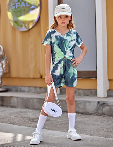 Image of Arshiner Girls Summer 2 Piece Outfits Tie Dye Short Sets Casual Twist Front Short Sleeve Tops and Pant with Pockets
