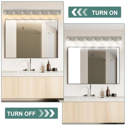 Image of IZORRO Bathroom Vanity Light Fixture, 7-Light 52 inch Brushed Nickel Bathroom Light Fixtures Over Mirror, with Clear Glass Shade, Modern Farmhouse Vanity Lights, Rustic Restroom Lighting Fixtures