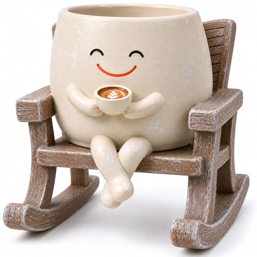 DTFRLD Smile Face Rocking Chair Planter Pot for Indoor Outdoor Plants Unique Sit Rocking Chair Succulent Flower Pots Cute Head Planters with Drainage Hole - Gift IdeaI for Mother and Grandma