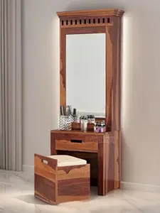 VeLivings Solid Wood Wooden Dressing Table for Bedroom with Drawer, Mirror and Large Storage Space with Stool | Long Dresser Table with Mirror (Honey Finish)