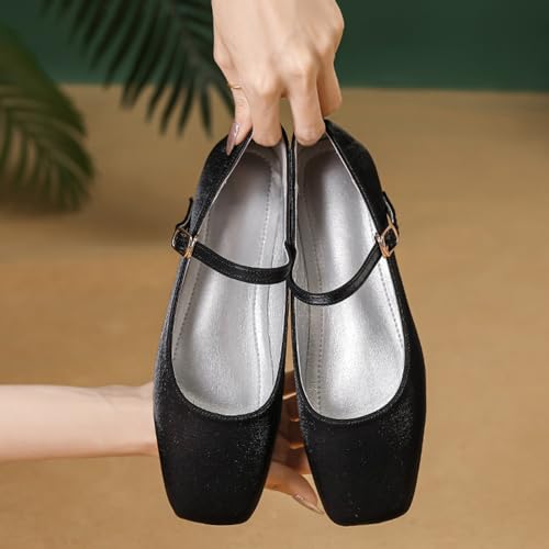Women's Satin Square Toe Flat Retro Mary Jane Shoes Comfortable Lightweight Adjust One Strap Soft Dress Flat Shoes for Casual Walking Work3