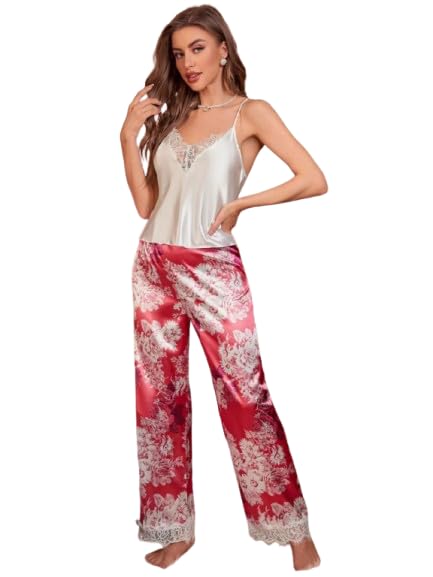 Women Satin Floral Nightsuit Set | Spaghetti Strap Lace Camisole Top & Printed Pajama Nightwear | Stylish Soft Sleepwear for Women & Girls-image-30