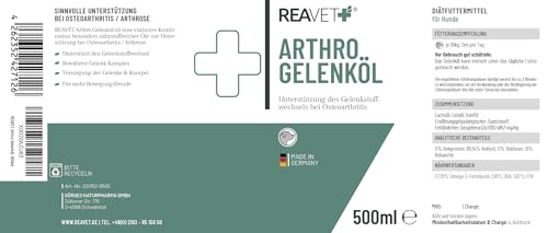 ReaVET Arthro Gelenköl 500ml für Hunde - Zur Unterstützung des Gelenkstoffwechsels bei Osteoarthritis (Arthrose) I Gelenke Hund, Gelenk-Komplex statt Gelenktabletten
