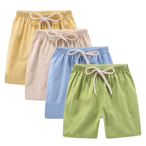 4-Pack Girls Cotton Linen Shorts Casual Kids Comfy Elastic Waist Loose Summer Beach Shorts with Pockets for 2-12 Years