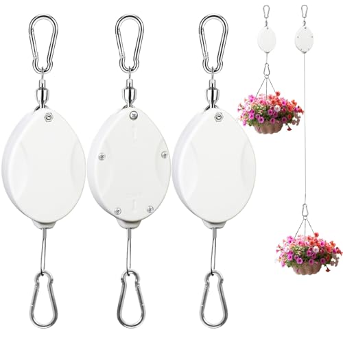 ZUZUAN 3 Pcs Upgraded Heavy Duty Retractable Plant Hanger,Plant Pulleys for Hanging Plants,Easy to Raise and Lower,Auto Lock,Adjustable Hook for Garden Baskets Pots,Birds Feeder and Grow Lights,White