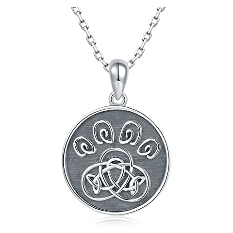 925-Sterling-Silver Celtic Dog Paw Necklace - Animal Claw Footprint Necklace Black Round Shape Pendant Jewelry Anniversary Birthday Gifts for Women Teens Cover