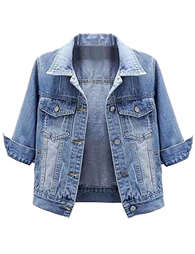 Locachy Womens 3/4 Sleeve Short Denim Jacket Lapel Button Down Cropped Trucker Jean Jackets Coats