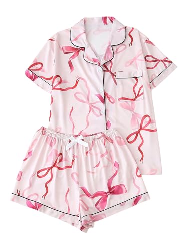 Image of Verdusa Women's 2 Piece Floral Bow Pajama Set Short Sleeve Button Down Shirt and Shorts Set