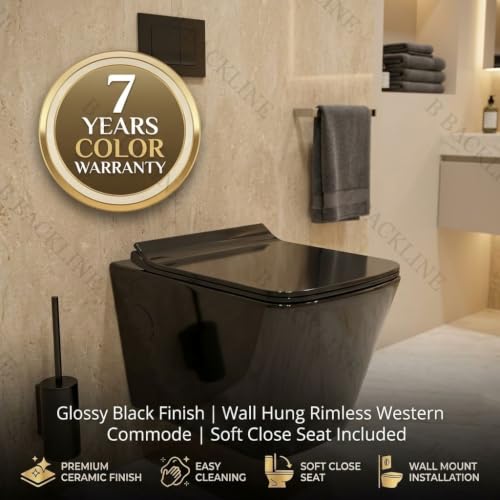 Image of B Backline Ceramic Wall Hung Rimless Western Toilet Commode /Water Closet Commode With Soft Close Toilet Seat For Bathroom - P Trap Outlet From Wall (Black Glossy) (7 Years Glaze Warrrenty)