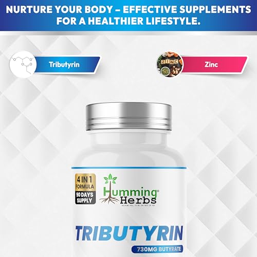 Image of Humming Herbs Tributyrin 95% Pure | 730 mg Butyrate | With Zinc, FOS & Probiotic Blend & FOS | 180 Veg Capsules | Nutraceutical Supplement