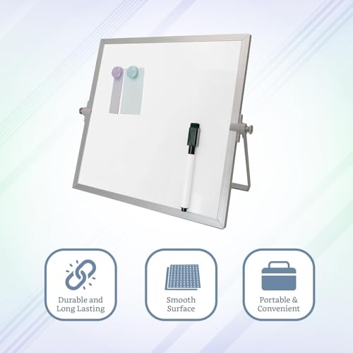 Image of Amazon Brand - Solimo Mini Dry Erase Double-Sided White Board with 360 Rotating Adjustable Stand | Aluminium Frame | Accessories Included | Portable (25 x 25 cm)