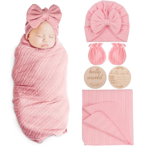 Image of AQOKKA Newborn Receiving Blanket Wheat-Pattern Baby Girl Swaddles Wraps with Bow Hat Mittens Wooden Card for Newborns Toddler Gift Baby Essentials