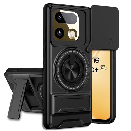 Image of Realme 16 Pro Plus 5G Back Cover | Armor Camera Slider 360 Degree Rotating Finger Ring Holder Case with Bracket Stand Back Case Cover (Compatible with MagSafe Accessories) (Black)