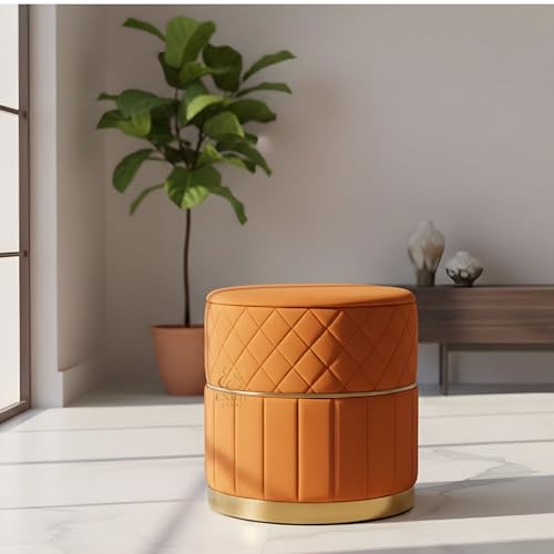 Image of Set of 2 Round Velvet Ottoman Footstool Gold Base - Tufted Upholstered Pouffe Stool for Living Room, Bedroom & Dressing Area (Orange)