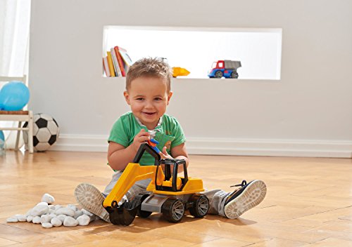 Lena 04411 Truxx Bagger, Baustellenfahrzeug ca. 44 cm, robuster Schaufelbagger mit beweglichem Baggerarm und vollbeweglicher Spielfigur, Sandbagger für Kinder ab 2 Jahre, Spielfahrzeug in gelb