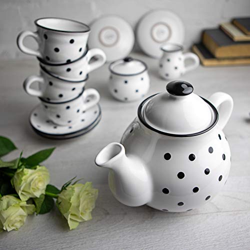 Handmade White And Black Polka Dot Ceramic Teapot Set, Large 1,7L/60Oz/4-6 Cup Teapot, Milk Jug, Sugar Bowl, Four Cups And Saucers Tea Set, Pottery Housewarming Gift For Tea Lovers By City To Cottage® #TOP1