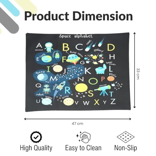 Image of Dining Table Mats Set of 2 - Alphabet Kids Theme,Digital Print, Washable, Indoor /Outdoor, Heat-Proof, Water Resistant, Wipe & Clean (47X33 cm) Black