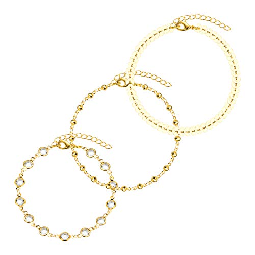 Thunaraz 3 Pcs Fashion Gold Anklet for Women Dainty Sparkly CZ Flat Mariner Foot Chain Heart Anklet Adjustable Summer Boho Colored Bead Evil Eye Anklet Cute Beach Jewelry Set