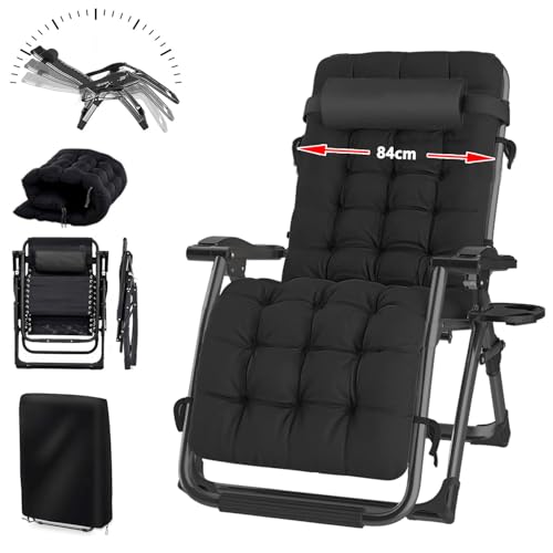 YOIZO Chaise Longue Pliante 84cm, Chaise Longue Jardin Exterieur, Fauteuil Relax, Transat Jardin Exterieur, pour Patio, Plage, Piscine, avec Coussin, Noire