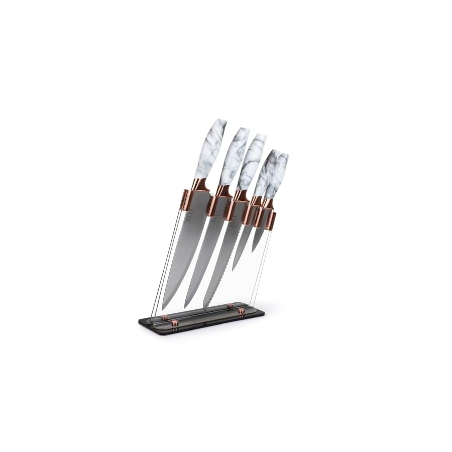 5-Piece Professional Kitchen Knife Set Marble Handles & Rose Gold Accents Includes Clear Block Chef Bread Carving Utility & Paring Knives