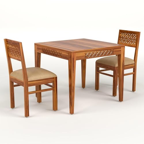 Image of Solid Sheesham Wood 2 Seater Dining Table Set with Cushioned Chairs for Dining Room | Living Room | Home & Office | Hotels Restaurant & Cafe (2 Seater, Honey Finish A)