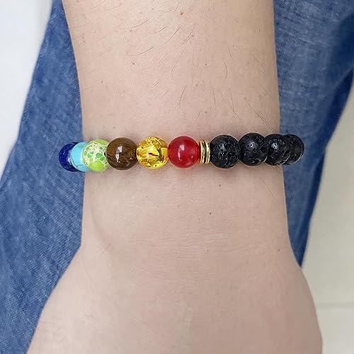 Clataly Colorful Energy Bracelet 8 mm Natural Volcano Stone Tiger Eye Stone Blue Pine Stone Elastic Bracelets for Women and Men (Volcanic rocks) - Image 2