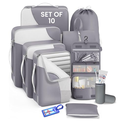 Image of OCEANEVO Set of 10 Pcs Packing Cubes for Travel | Includes Luggage Tag and Toothbrush Holder | Suitcase Organizer for Travelling for Clothes, Shoes and Lingerie | Model 3.0 - Grey - 1 Year Warranty