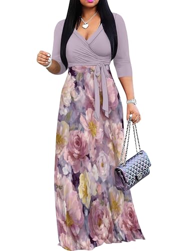 Image of Women's V Neck Floral Maxi Dress 3 /4 Sleeve Plus Size Boho Wrap Flowy Long Dresses with Belt