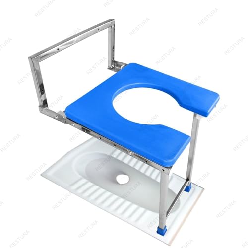 Image of Wall Mounted Foldable Commode Chair for Elderly & Senior Citizens | Portable Stainless Steel Indian Toilet Support Seat | Anti-Slip Lightweight Chair for Knee Pain, Pregnancy & Patient Care (Blue)