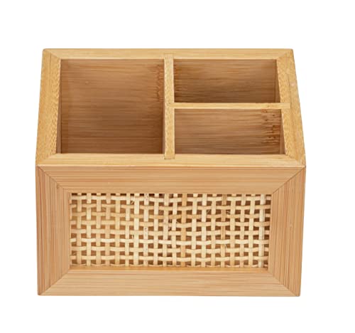 WENKO Badbox Allegre, dekorative Box mit 3 praktischen Fächern im trendigen Boho-Style aus hochwertigem Bambus und Rattan, zur Aufbewahrung von Bad- oder Schminkutensilien, 12 x 8,5 x 9 cm, Natur